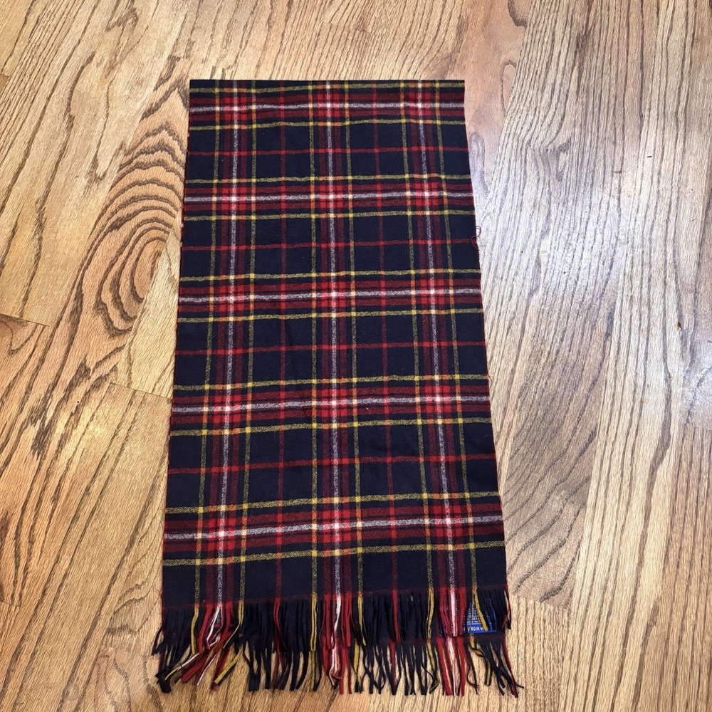 VTG Pendleton Wool Scarf Plaid Tartan Fringe Red Navy Yellow 100% Virgin Wool
